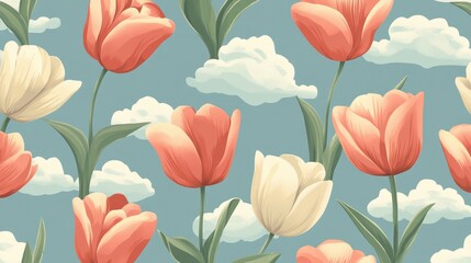 Tulip flowers pattern against a sky backdrop with clouds creating a vibrant outdoor spring atmosphere