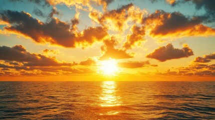 Stunning Sunset Over Ocean with Golden Clouds and Radiant Sunbeams Illuminating the Water in High Definition