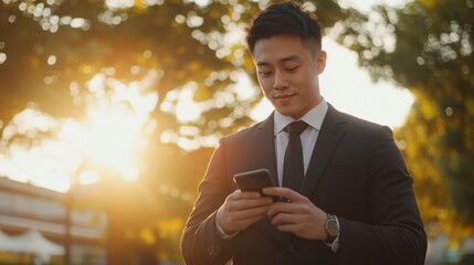 Businessman using Smartphone at Sunset: A young Asian businessman in a sharp suit checks his smartphone, bathed in the warm golden light of the setting sun, outdoors.