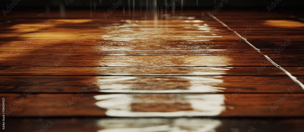 Poster water flowing over a polished wooden floor emphasizing reflections and natural textures in a warm at