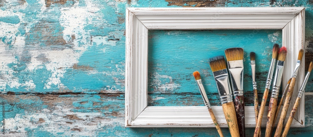Poster artistic tools arranged beside a vintage white frame on a rustic wooden background showcasing creati