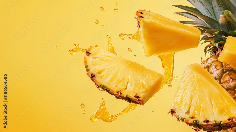 Poster fresh pineapple slices levitating against a vibrant yellow background, splashing sweet juice and cre