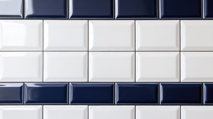 Vintage subway tiles featuring a classic navy blue stripe alongside glossy white tiles for an elegant kitchen or bathroom design.