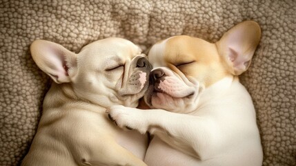 Two adorable French Bulldogs cuddling together while sleeping on a cozy blanket in a warm and loving atmosphere