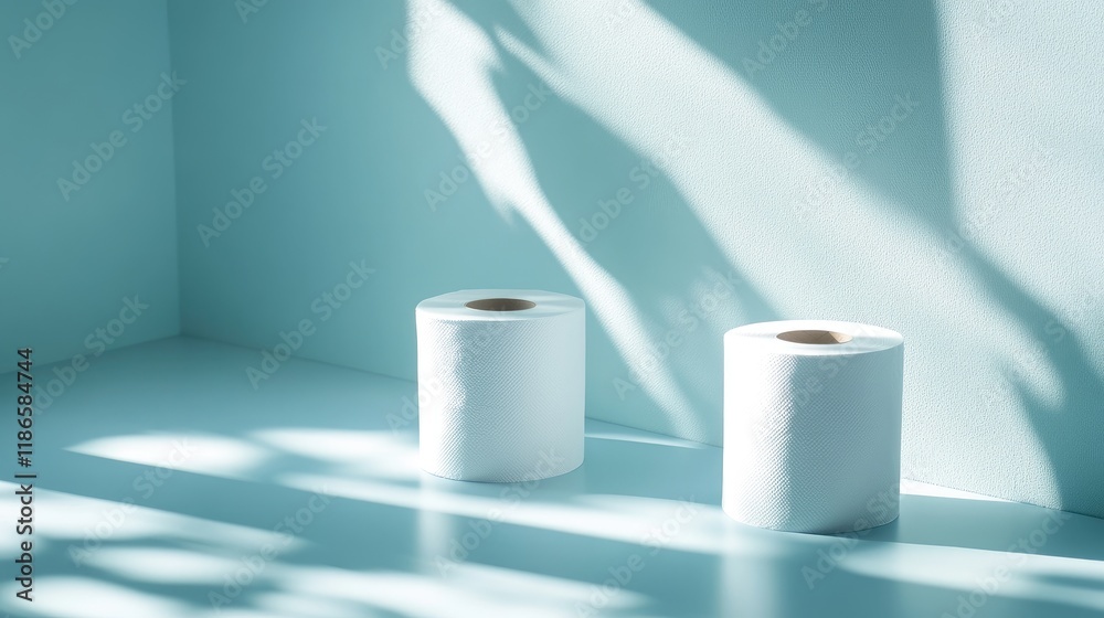 Poster minimalist white toilet paper rolls on light blue surface with soft shadows emphasizing hygiene and 