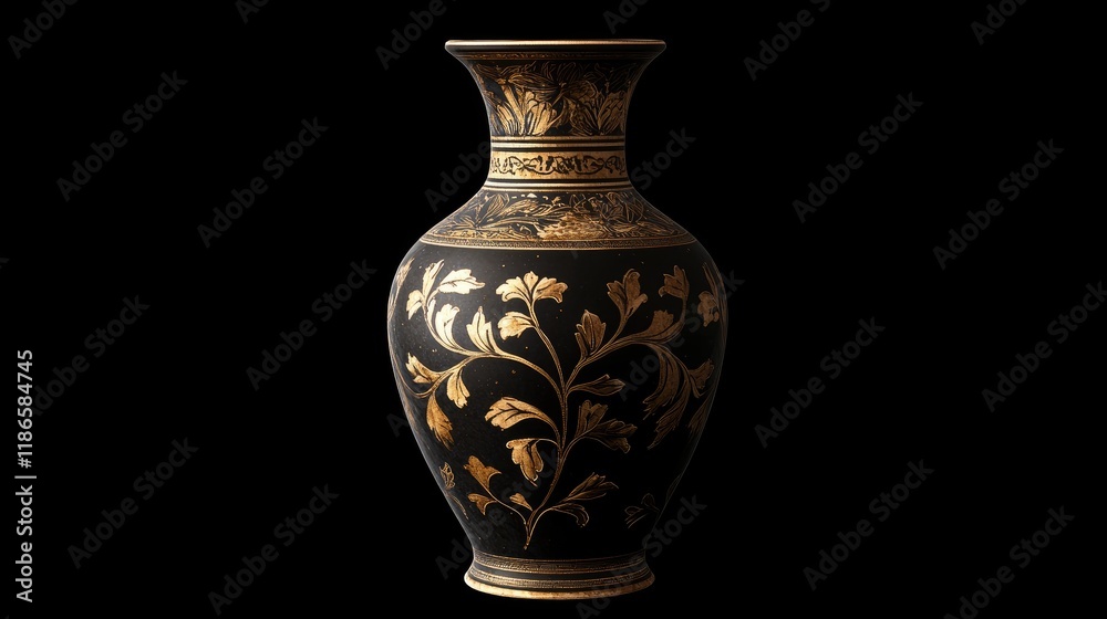 Poster elegant black vase adorned with intricate gold floral patterns against a dark background showcasing 