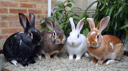 Obraz premium Four adorable rabbits of varying colors sit together in a cozy setting, surrounded by greenery and pebbles.