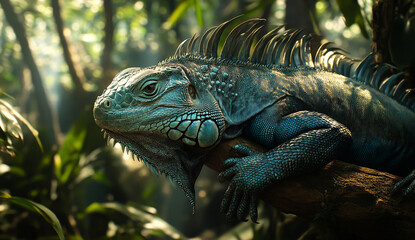 Fototapeta premium Iguana with Blue and Green Scales Resting on Branch in Lush Forest Habitat