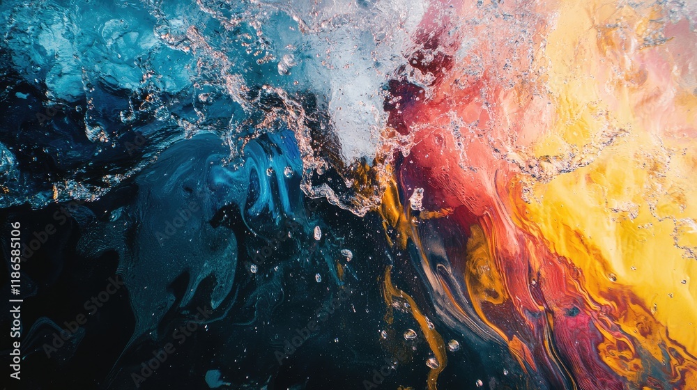 Aufkleber Dynamic Abstract Splash of Colorful Water Creating Ripples in a Pool with Turbulent Waves and Reflections from Above