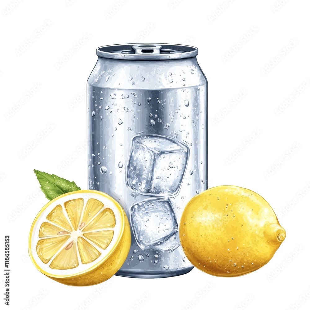 Poster a digital illustration of a can of lemon-flavored iced beverage with lemons and ice cubes.