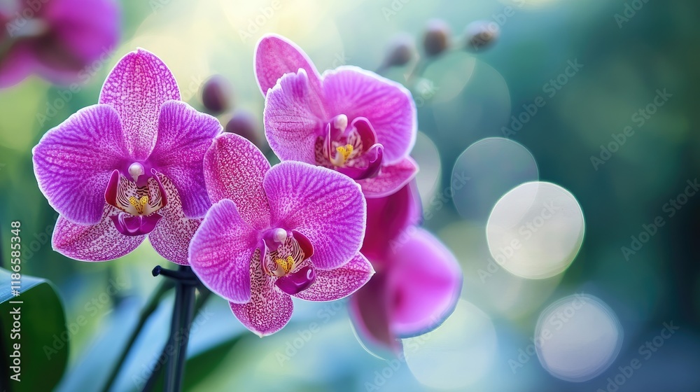 Aufkleber Beautiful violet orchids blooming in a serene garden setting with soft bokeh background effects highlighting their elegance and charm