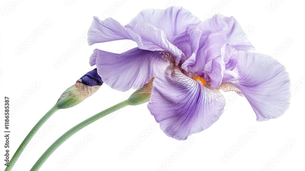 Poster delicate violet iris flower with lush petals and green stems isolated on a clean white background fo