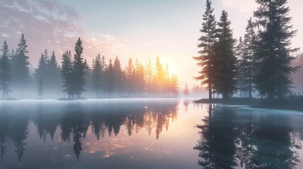 Fototapeta premium A tranquil lake at sunrise, with mist hovering above the water and tall pine trees reflecting on the surface.