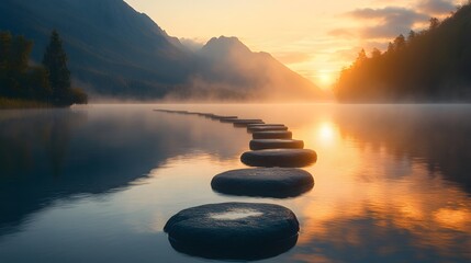 Stepping stones cross misty morning lake as mountain silhouettes emerge in background. Golden sunrise reflects on mirror-like water surface, creating ethereal atmosphere with mystical dawn light.