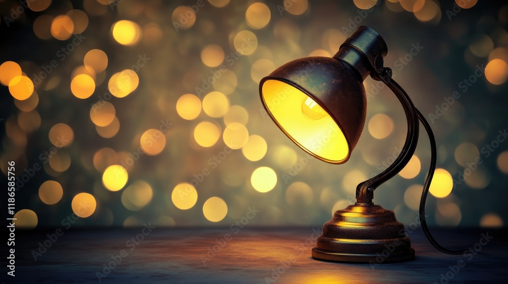 Poster Vintage desk lamp illuminated against a blurred bokeh background creating a warm and nostalgic atmosphere for interior design concepts.