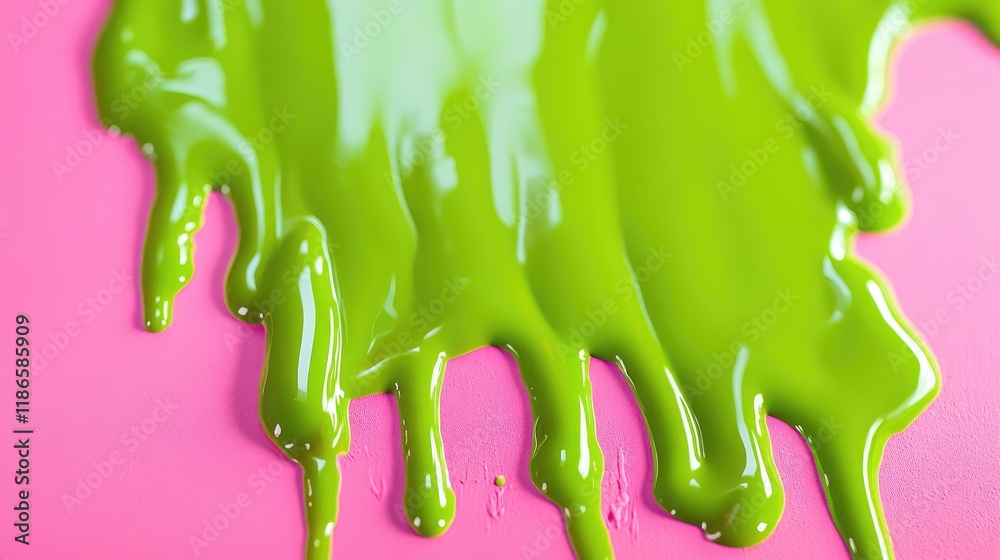 Poster bright green liquid flowing over vibrant pink background creating abstract artistic texture and cont