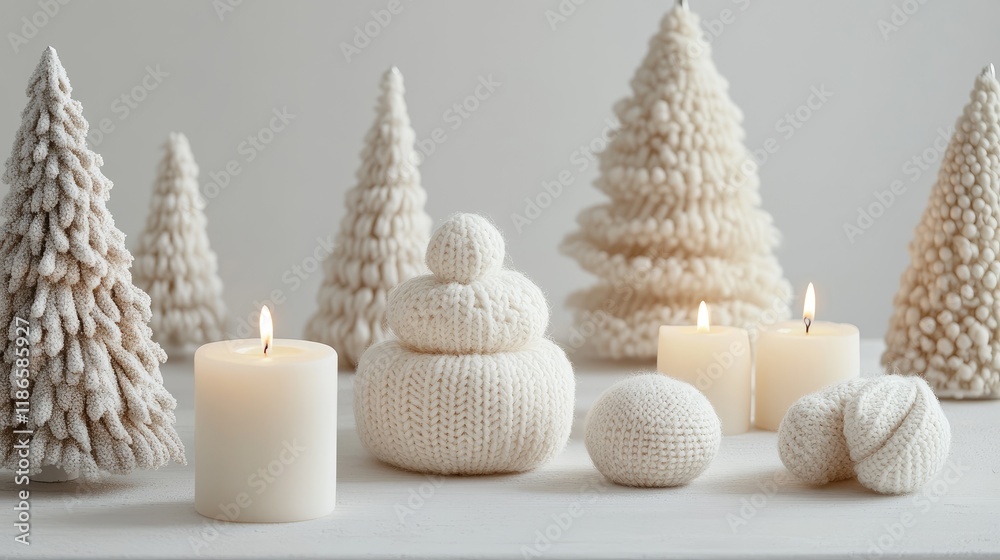 Aufkleber Cozy winter scene with knitted mittens candles and soft Christmas trees creating a warm festive atmosphere with empty space for product placement