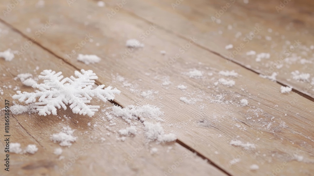 Poster snowflake on rustic wooden floor surrounded by snow dust in a serene winter atmosphere perfect for s