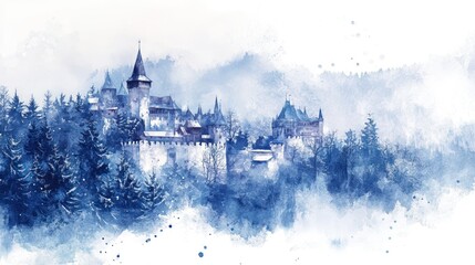 Winter castle watercolor, snowy forest, misty mountains, fairytale illustration