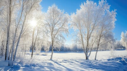 Frosty winter landscape with frosted birch trees and sunlight illuminating a serene snowy field