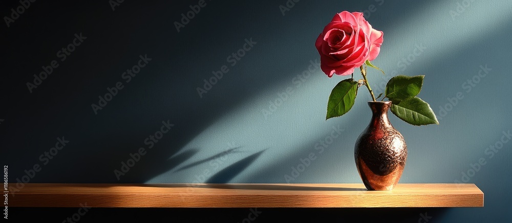 Poster elegant rose in a decorative vase on a wooden shelf enhancing interior decor with charm and color in