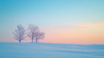 Minimalist winter landscape featuring two trees in a snowy field under a pastel sky at sunset with soft gradients and tranquil ambiance