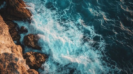 Obraz premium Turbulent ocean waves crashing against rugged cliffs under stormy skies showcasing the power of nature's elements