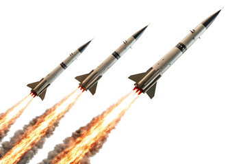 Set of rockets launching with fire and smoke isolated on white background as transparent. PNG.AI GENERATED
