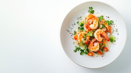 Sizzling Shrimp Scampi: A delectable plate of succulent shrimp scampi, seasoned to perfection and garnished with fresh herbs, rests on a minimalist white plate.