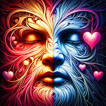 blue-red dual toned love themed man portrait face closeup surrel with hearts digitalart