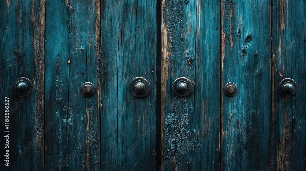 Poster weathered teal wooden planks background with rustic knobs showcasing a vintage texture ideal for des