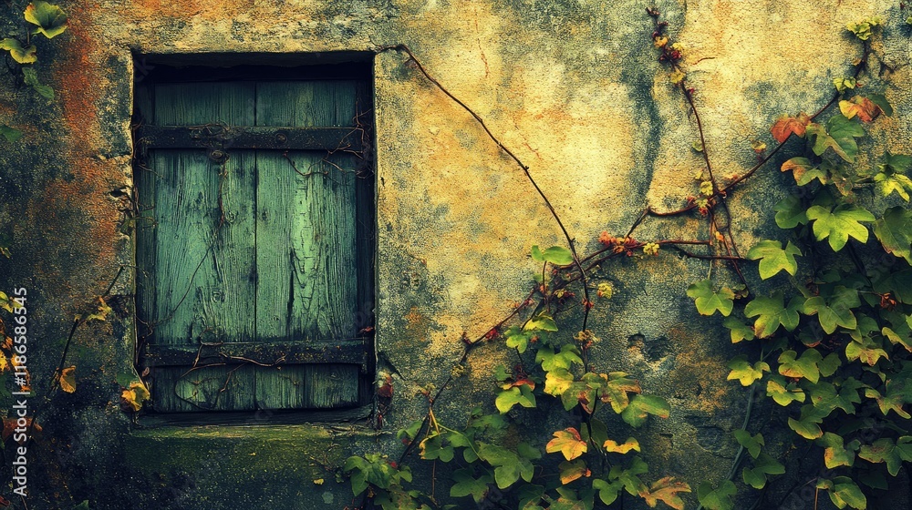 Poster rustic wall texture with ivy and weathered wooden window capturing the essence of vintage architectu