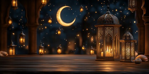 Fototapeta premium Ornate Lanterns and Crescent Moon: A Serene Ramadan Night
