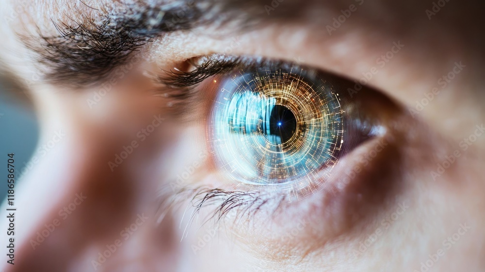 Poster futuristic eye close-up with digital interface elements and human connection concept