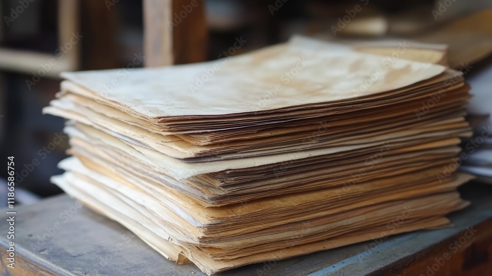 Poster Stack of aged vintage paper sheets on wooden table in a rustic setting for artistic and historical projects.