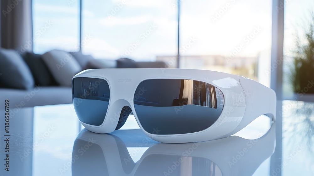 Poster Modern virtual reality goggles placed on a sleek table showcasing innovation and technology in a bright indoor environment