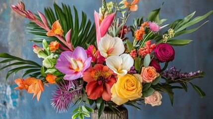 Vibrant bouquet of tropical plants and wildflowers showcasing diverse colors and textures in a dynamic arrangement against a textured background