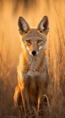 Fototapeta premium Capturing the Spirit of the Wild: An Alarmed Jackal in its Natural Wilderness Habitat at Sunset