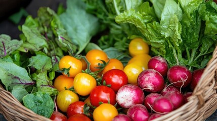 Bountiful Summer Vegetable Assortment Featuring Cherry Tomatoes Fresh Greens and Vibrant Radishes in a Rustic Basket