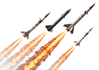 Set of rockets launching with fire and smoke isolated on white background as transparent. PNG.AI GENERATED
