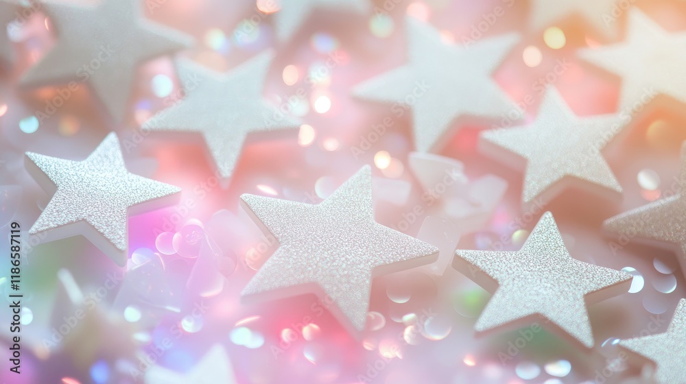 Poster festive background of white stars with bokeh and glitter for elegant design projects