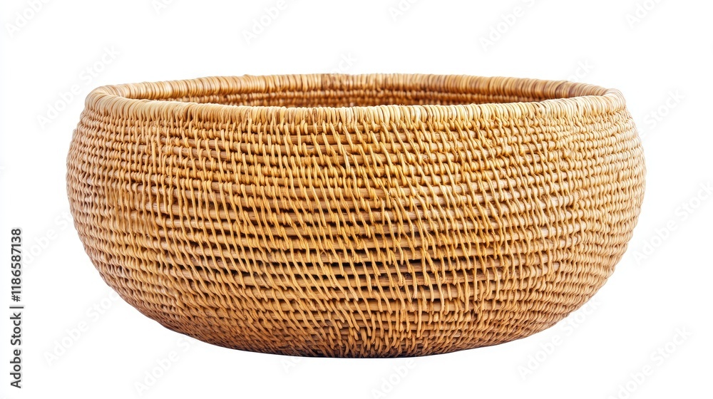 Poster handcrafted vintage wicker basket with a rounded shape isolated on a clean white background ideal fo