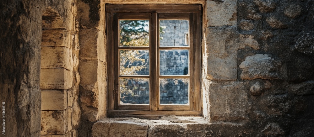 Aufkleber rustic wooden window in a historic stone fortress reflecting traditional architecture and timeless c