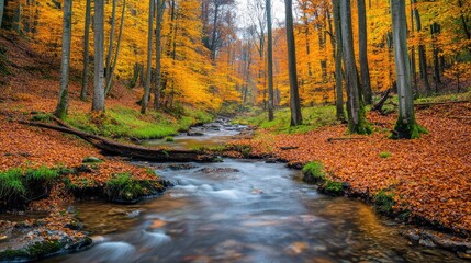 Obraz premium Vibrant Autumn Forest with Colorful Leaves Reflecting in Tranquil Stream Flowing Through Scenic Woodland