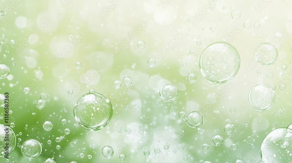Aufkleber White sparkling water droplets and soap bubbles on light green gradient background creating a refreshing and clean atmosphere for design elements