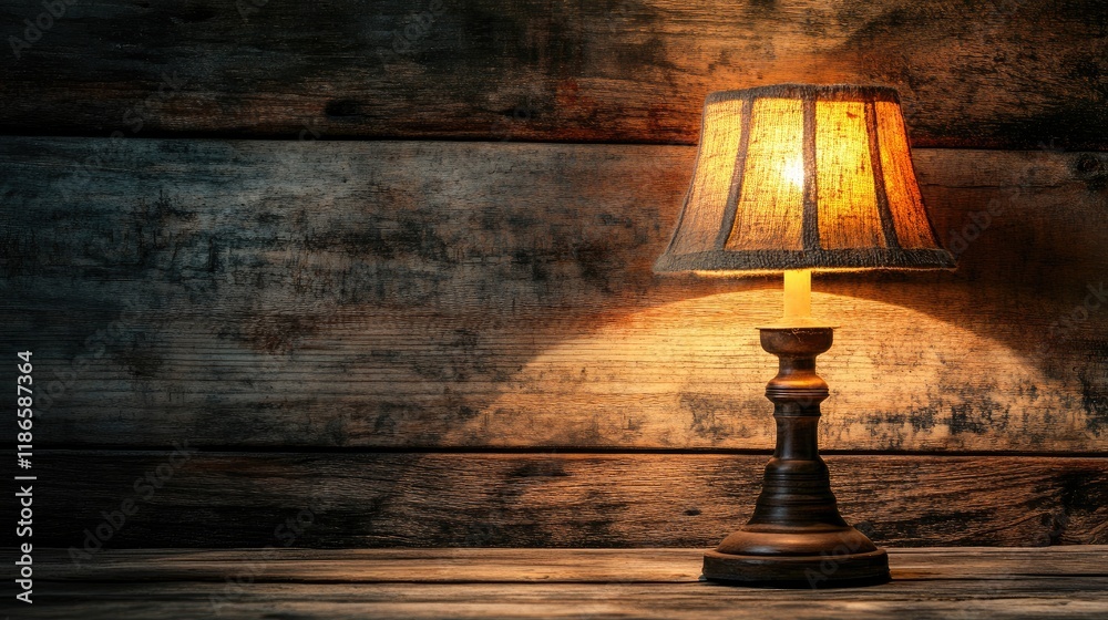 Aufkleber rustic vintage table lamp illuminating wooden backdrop in warm ambient light setting