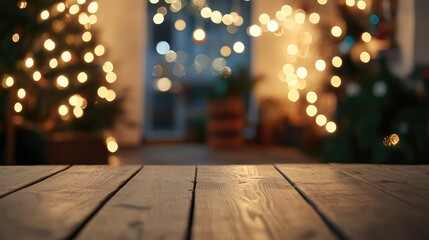 Wooden tabletop in festive setting with blurred lights ideal for product display and holiday celebration themes party backdrop design