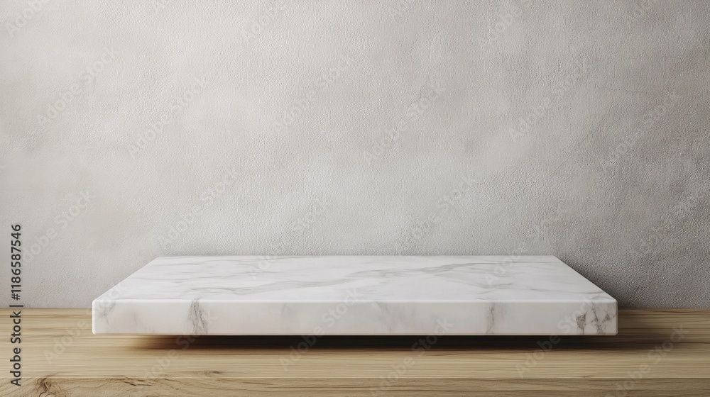 Poster elegant white marble display platform on wooden surface ideal for product showcasing against minimal
