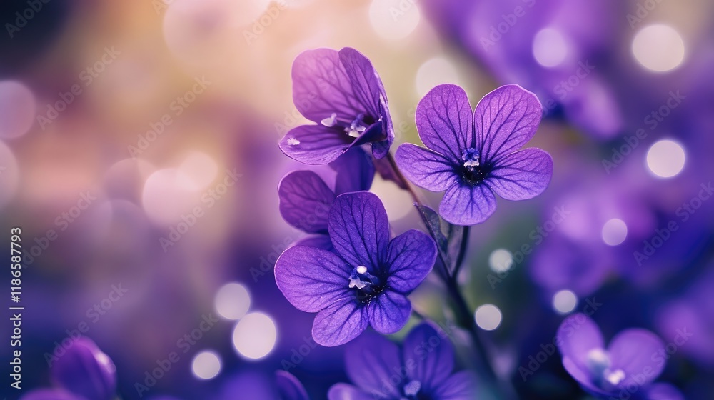 Aufkleber Vibrant violet flowers in a soft summer backdrop with blurred bokeh highlights creating a dreamy atmosphere for floral design concepts