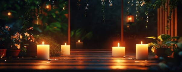 Warm glowing candles in a dark setting, spiritual and calming atmosphere, serene design.